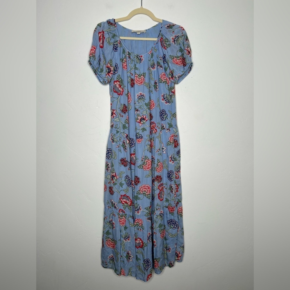LOFT Blue Floral Maxi Dress Drop Waist Tiered Size Small Spring Boho Cottagecore